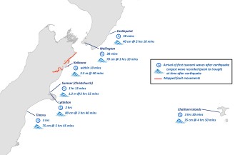 Kaikoura tsunami travel time map.  From GeoNet tsunami gauges and Lyttelton Port Company and PrimePort Timaru tide gauges. (Click for a bigger map.)