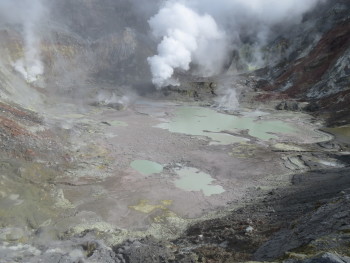 View of the active crater area: note the gas vent (centre-rear) and ponded rain water