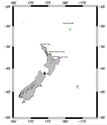 The map shows the apparent source of the seismic waves (green star) and the surrounding pressure gauges that recorded tsunami waves (shown by the coloured triangles).
