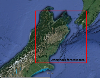 Map outlining the aftershock probability forecast area.