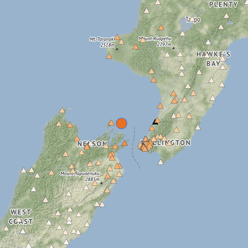 Figure 3: Recorded Stations Intensity of magnitude 5.8 earthquake in the Cook Strait.