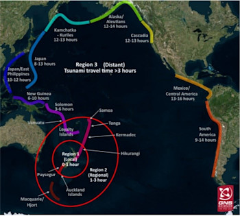 Map showing the three Tsunami categories in New Zealand