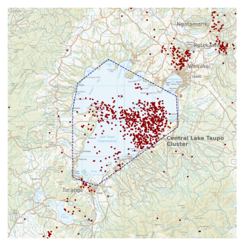 Figure 1: Earthquakes located by GeoNet in the Lake Taupō area from January 1 to September 18, 2022. Most earthquakes shown here were located between 4 and 13 km deep. There are almost 700 earthquakes shown within the dashed area of the map. There are also clusters of small earthquakes at geothermal fields in the Taupō area that are unrelated to the Taupō volcanic unrest. 