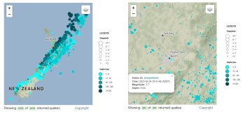 Earthquakes located in April 2022 on the left, and earthquakes around Palmerston North in the past year, on the right.