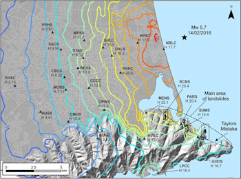 Earthquake shaking in the Valentine’s Day earthquake (units are maximum peak ground acceleration as a % of gravity or, in normal people speak, red = strong, blue = not so strong) and the main areas of cliff collapse 