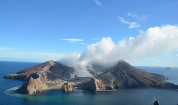Whakaari / White Island, taken on an observation flight 24 May 2024. 