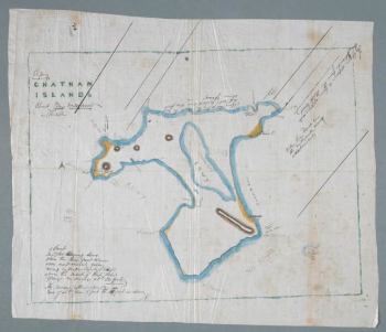 Runholder Thomas Ritchie's map of the 1868 tsunami inundation (marked in yellow) at the Chatham Islands.  Source: Museum of New Zealand Te Papa Tongarewa 