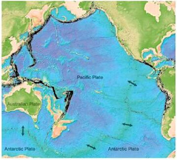 The ‘Ring of Fire’ shows the position of the New Zealand continent within a zone of intense seismic activity around the Pacific Ocean. Black dots mark the epicentres of all earthquakes recorded from 1964 to 1999