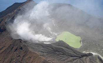 View of the active vent area producing moderate steam and gas emission, October 19. Minor grey coloured ash deposit is visible on the inner crater walls.