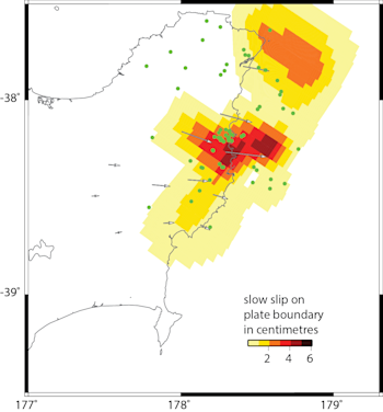 This map shows the amount of movement between the plates on the Hikurangi subduction zone over the last 1-2 weeks. The hot colors show movement in centimetres (see scale).  The earthquakes over the last 3 weeks (green dots) form a cluster in the area of the ongoing slow slip event.