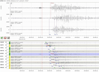 Data from the new seismic site at Karangahape, KPRZ, being used in our SeisComP earthquake detection and location system to locate an earthquake at Lake Taupō.