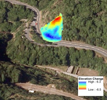 Three-dimensional change model for the landslide showing the source area where material was lost from (red and yellow) and the deposit (blue).  The maximum depth of material loss and deposition was about +/- 6.5m.