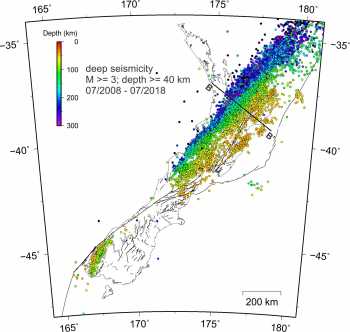 Deep earthquakes (>40km deep) in New Zealand from July 2008 to July 2018.