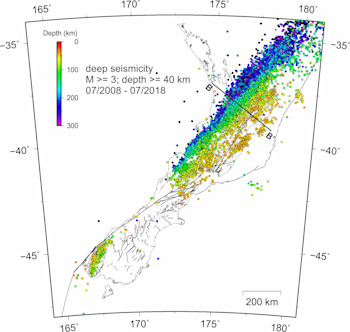 Deep earthquakes (>40km deep) in New Zealand from July 2008 to July 2018.