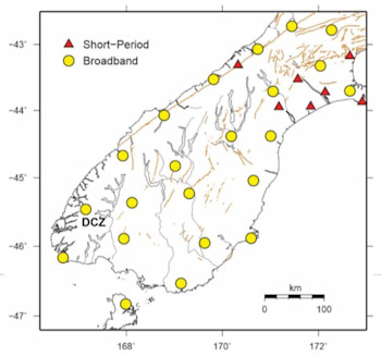 2019-2020 GeoNet sensor network in the southern South Island, with the Deep Cove site highlighted.