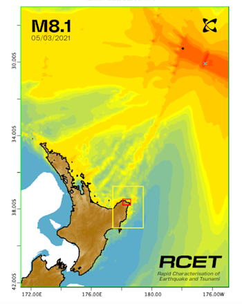 Tsunami forecast before arrival illustrating areas at-risk of wave inundation