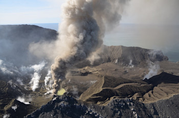 Figure 1 Picture of the Main Crater area showing the active vent with the ash emission feeding the plume at Whakaari White Island on Wednesday 21 August Credit B Scott