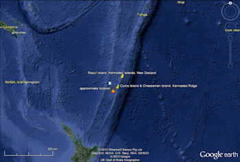 The location of the Kermadec Islands, volcanic islands located along the Kermadec Ridge, relative to New Zealand (Source: US Navy). 