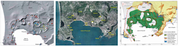 Maps of Campi Flegeri showing (left to right) Vent locations, aerial view showing how established the area is and the caldera structures.