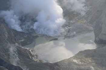 Figure 1. View into the crater of Whakaari/White Island on 31 May 2024, showing steam and gas emissions from vents and the lake. Credit: Karen Britten, GNS Science.