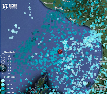 Earthquakes in the last 12 months, showing the depth change from shallow on the east (light blue), to deep on the west (turquoise). April M4.9 highlighted in red.