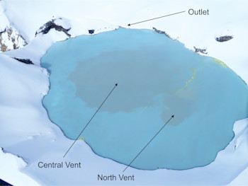 Aerial view of Crater Lake on October 9, 2020 showing two regions of upwelling in the lake.