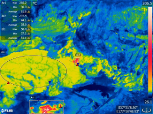 Thermal infra-red image taken on 15 January 2014, showing part of the Crater Lake (in the oval) and the area of the 2012 lava extrusion (in the large rectangular box). The small rectangle includes a hot fumarole on the southern edge of the Crater Lake.