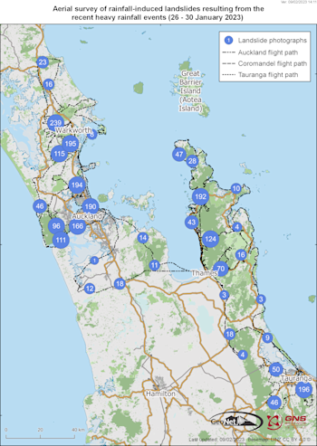 Figure 2: Locations and numbers of landslides photographed during the aerial landslide event reconnaissance. Map prepared by Kerry Leith, GNS Science. 