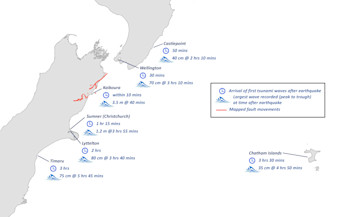 Kaikoura tsunami travel time map.  From GeoNet tsunami gauges and Lyttelton Port Company and PrimePort Timaru tide gauges. (Click for a bigger map.)