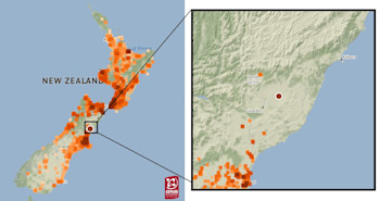 Felt reports for the 2016 Kaikoura earthquake, highlighting the gap in reports around the areas badly damaged. 