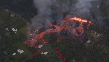This fissure on Kīlauea has sourced a'a lava flows, one of the types of lava flows we see in the Auckland Volcanic Field. The lava flow has extended over 2 km, threatening and destroying houses and roads. (Photo by Ann Kalber of Tropical Visions Videos).