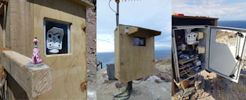 Two of the web camera sites on Whakaari/White Island showing the camera housing and of course, our camera mascot ‘Dino’