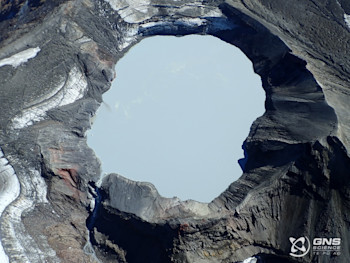 Aerial view of the Crater Lake during a sampling trip on 31 March 2022