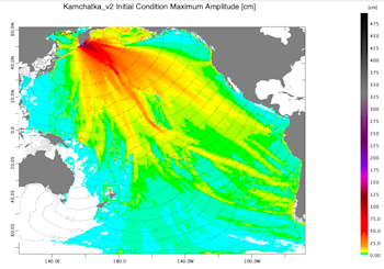 Earth Sciences New Zealand deep-ocean tsunami amplitude forecast map showing pattern of tsunami energy distribution across the Pacific Ocean. Note amplitudes are much smaller than at coasts, where wave shoaling makes them much higher. 