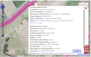 Zoomed in view of the high-resolution layers on the New Zealand Active Faults Database (NZAFD) webmap, showing a pop-up containing attributes for the Fault Avoidance Zones and high-resolution surface traces