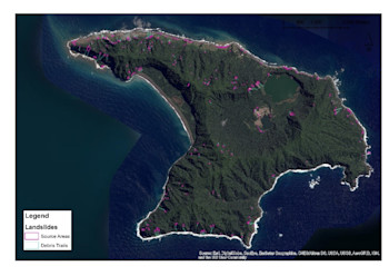 Figure 1. Pleiades Satellite image captured on March 9, 2021 with the mapped landslide distribution overlaid.