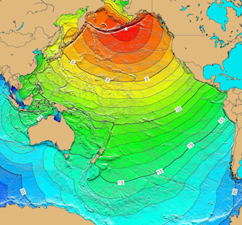 Travel times for the 1946 Aleutian Islands tsunami, generated by a M 8.6 earthquake in a similar location to last week’s M 7.9 earthquake.  The speed of a tsunami depends on water depth – it takes a tsunami from this location at least 12 hours to reach NZ.