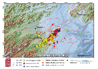 Earthquakes of the Cook Strait sequence from 19th July up until 20th September. Cook Strait faults courtesy of NIWA.