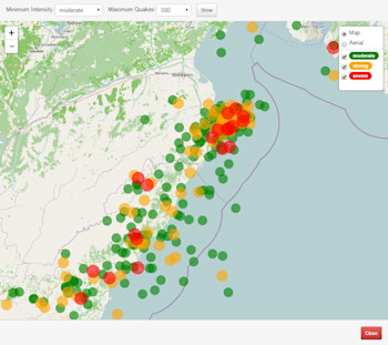 Map of the aftershocks associated with the M7.8 Kaikoura Earthquake.