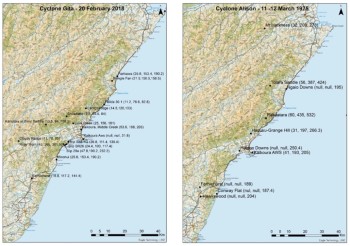 Maps of recorded rainfall during Gita (left) and Alison (right). (Source: NIWA, Environment Canterbury and NCTIR rain gauges.)