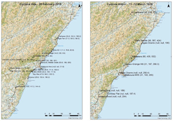 Maps of recorded rainfall during Gita (left) and Alison (right). (Source: NIWA, Environment Canterbury and NCTIR rain gauges.)