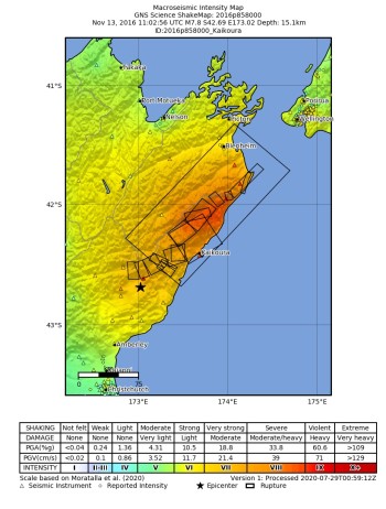  Example of a GNS Science produced Shaking Intensity Map for the Kaikōura earthquake in 2016. 