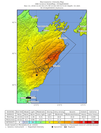  Example of a GNS Science produced Shaking Intensity Map for the Kaikōura earthquake in 2016. 