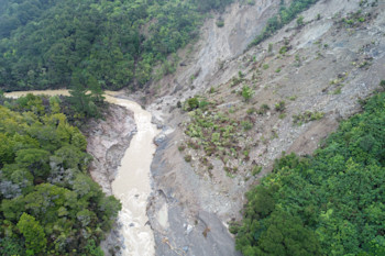 Kaiwhata River on 14 June 2019. The dam has failed and water is flowing freely. Photo: Regine Morgenstern - GNS Science