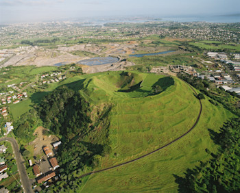 Aerial view of Maungarei (Mt Wellington) scoria cone in the Auckland Volcanic Field. (GNS VML 2563)