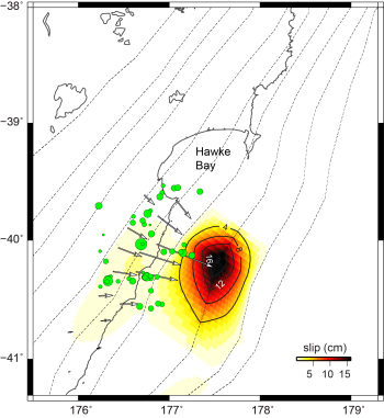 Slow-slip movement model showing direction of movement of GeoNet GPS sites and amount of displacement at the plate boundary. Green dots show earthquakes over the past week in that area.