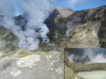 A compiled image showing the wide and close up views of the active crater area and the dome.