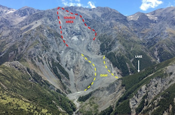 Hapuku landslide dam - 10-14 million cubic metres of rock travelled 2.7 km to the valley floor (photo: GNS Science)