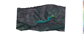 Computer-generated model of landslide dam and upstream flooding. 