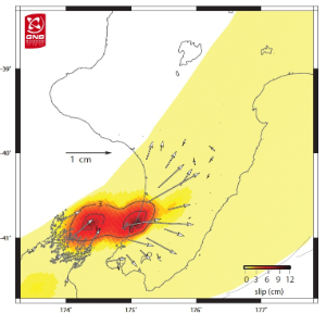 The Kapiti slow slip movement from January to May. The most extreme movement, depicted by the darkest colour, is under Otaki and north of Marlborough Sounds. Analysis by Laura Wallace, University of Texas.